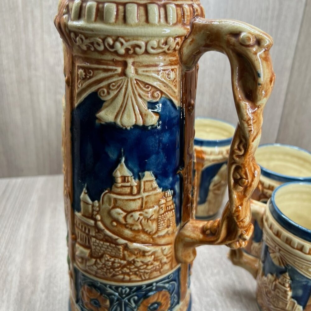 Vtg Ceramic Beer Stein Set w/Lidded Pitcher & 5 Mugs Made in Japan Blue Tan - Picture 7 of 16